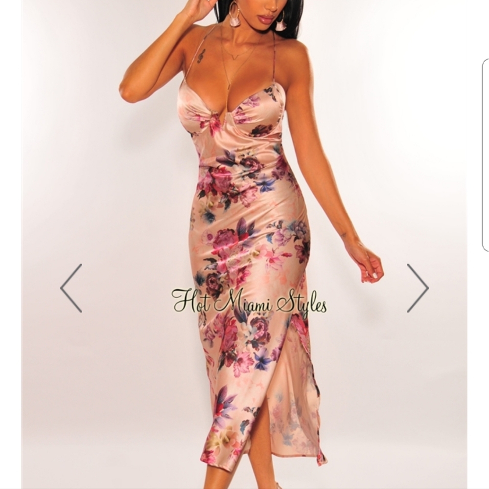Hotmiamistyles Pink Satin Midi Dress